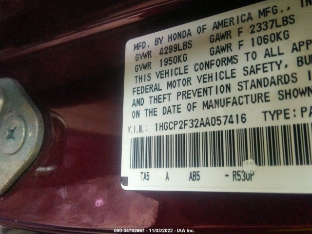 2010 HONDA ACCORD SDN LX VIN: 1HGCP2F32AA057416