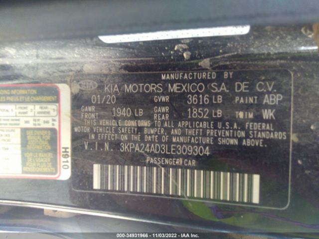 3KPA24AD3LE309304 KIA RIO LX