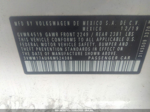 2019 Volkswagen Golf, VIN: 3VWM17AU6KM524386