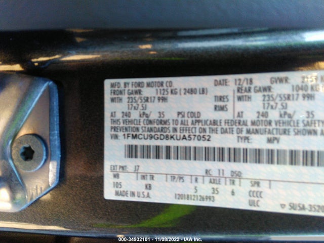 2019 Ford Escape, VIN: 1FMCU9GD8KUA57052