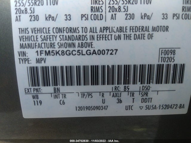 2020 FORD EXPLORER ST VIN: 1FM5K8GC5LGA00727