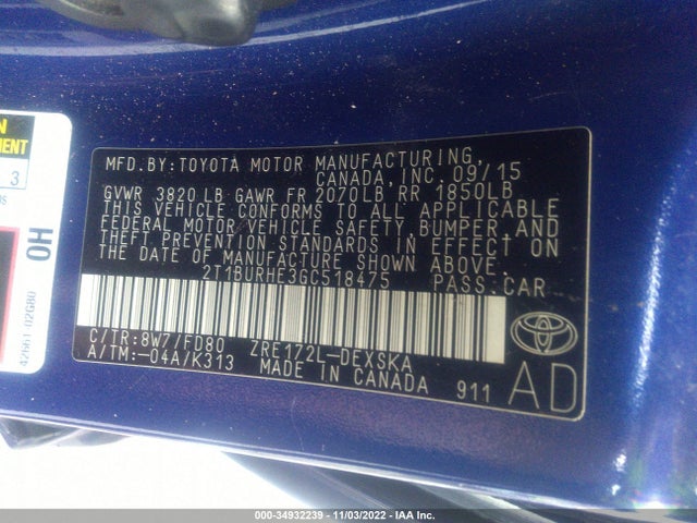 2016 TOYOTA COROLLA L/LE/S/S PLUS/LE PLUS VIN: 2T1BURHE3GC518475
