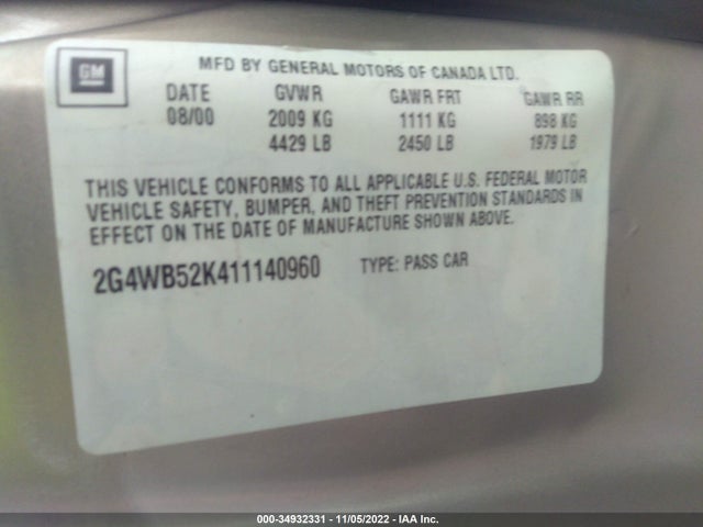 34932331 :رقم المزاد ، 2G4WB52K411140960 vin ، 2001 Buick Regal Ls مزاد بيع
