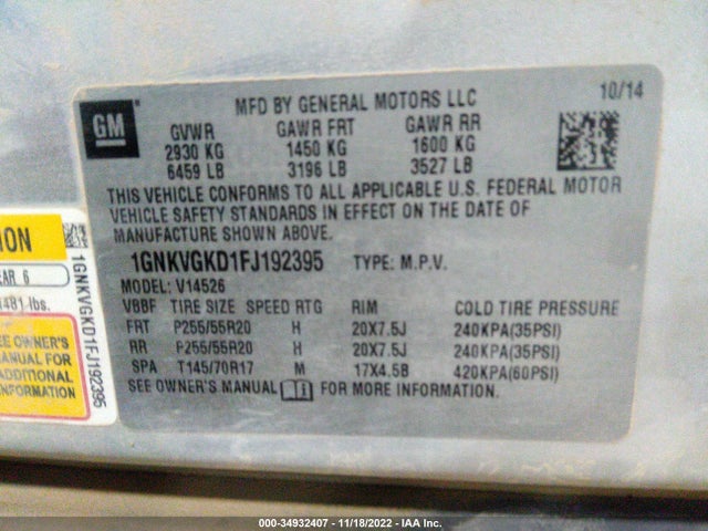 2015 Chevrolet Traverse, VIN: 1GNKVGKD1FJ192395