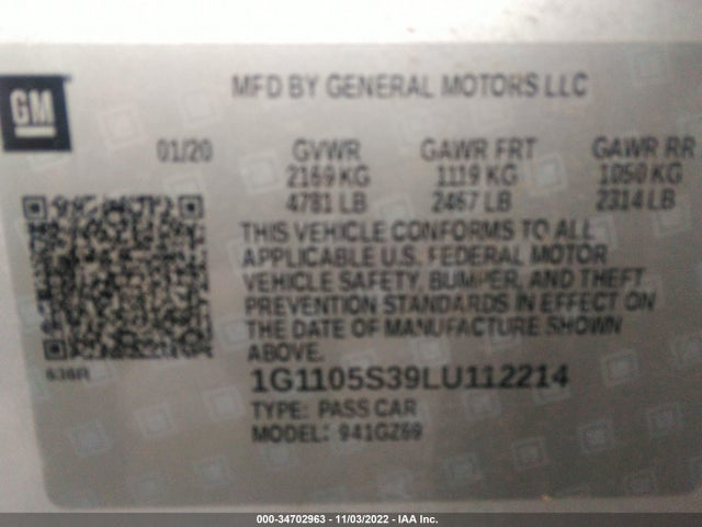 2020 CHEVROLET IMPALA FWD PREMIER VIN: 1G1105S39LU112214