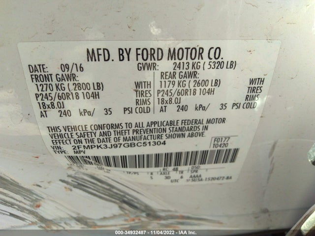 2016 FORD EDGE SEL VIN: 2FMPK3J97GBC51304