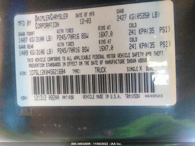 Dodge Dakota Base 2004 1D7GL12K04S621684 Image 10
