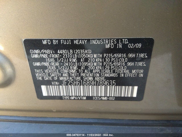 2009 SUBARU FORESTER X VIN: JF2SH61689H789635