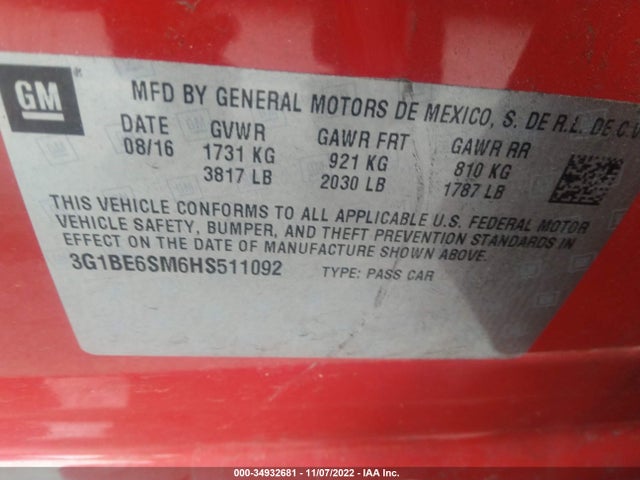 Chevrolet Cruze 2017 3G1BE6SM6HS511092 Image 10