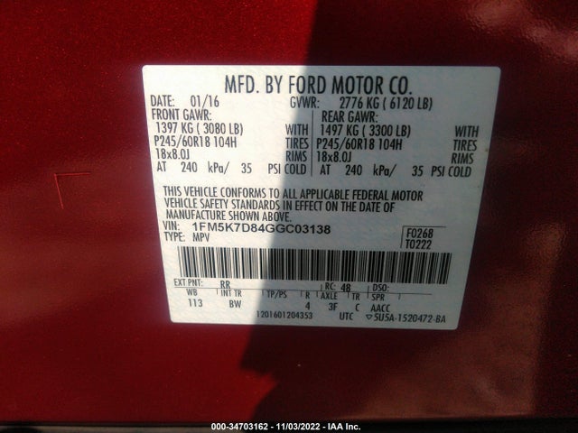 2016 FORD EXPLORER XLT VIN: 1FM5K7D84GGC03138