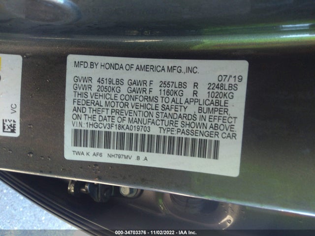 2019 HONDA ACCORD HYBRID VIN: 1HGCV3F18KA019703