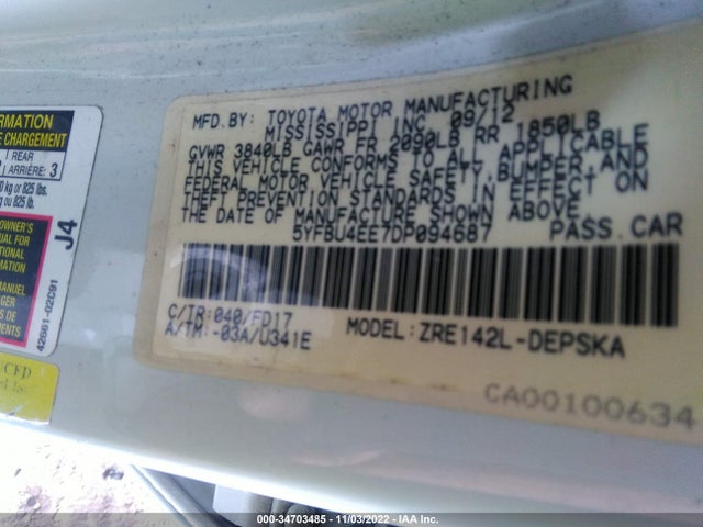 2013 TOYOTA COROLLA L/LE/S VIN: 5YFBU4EE7DP094687