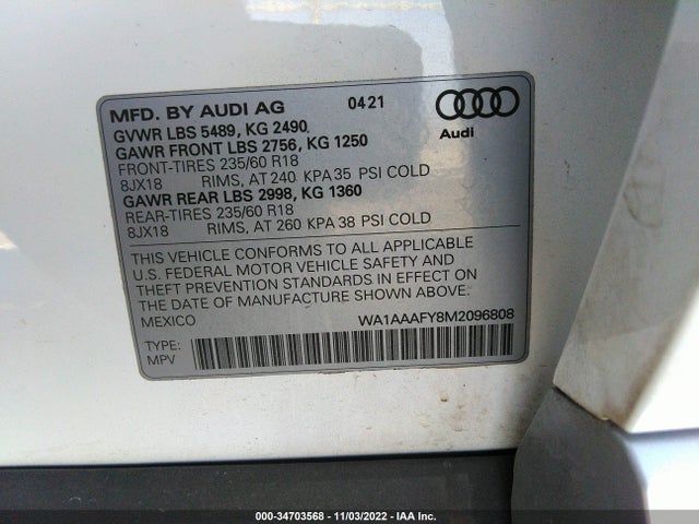 WA1AAAFY8M2096808 Audi Q5 PREMIUM