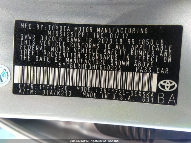 2017 Toyota Corolla, VIN: 5YFBURHE3HP640335