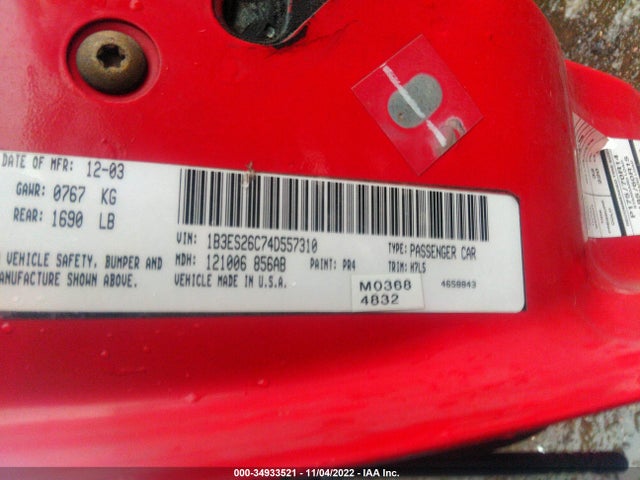 2004 DODGE NEON SE VIN: 1B3ES26C74D557310