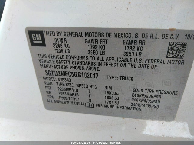 2016 GMC SIERRA 1500 SLE VIN: 3GTU2MEC5GG102017
