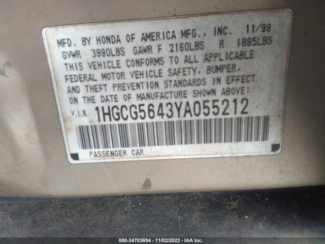 2000 HONDA ACCORD SDN LX VIN: 1HGCG5643YA055212