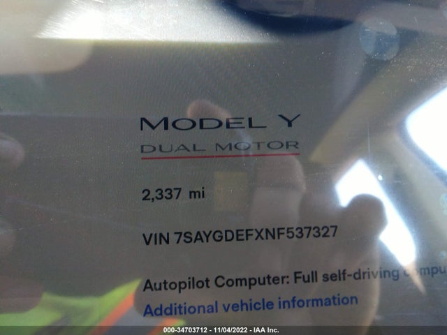 Tesla Model Y 2022 7SAYGDEFXNF537327 Image 7