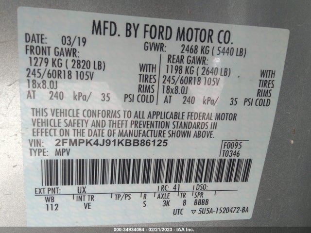 2019 Ford Edge, VIN: 2FMPK4J91KBB86125