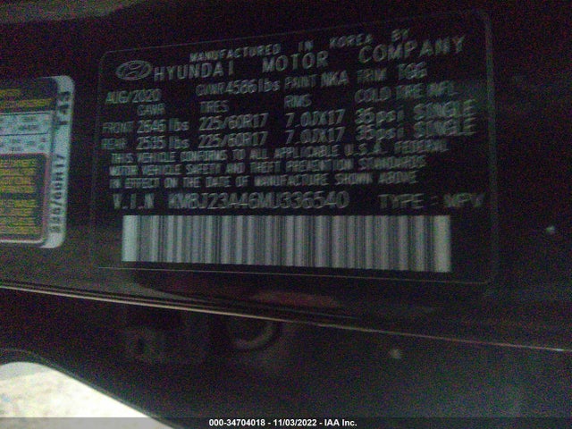 2021 HYUNDAI TUCSON SE VIN: KM8J23A46MU336540