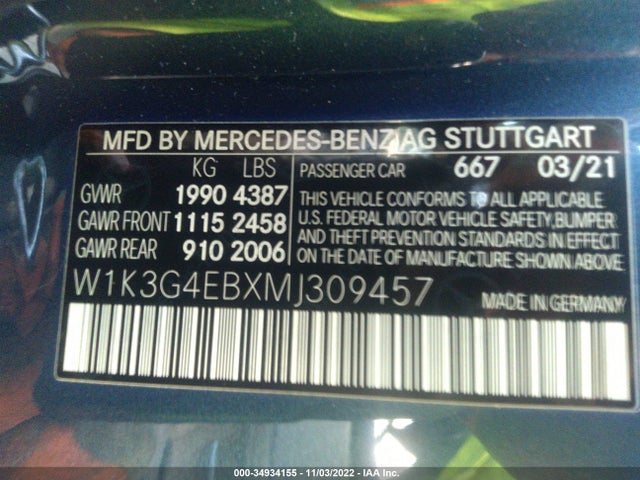 2021 Mercedes-Benz A-Class, VIN: W1K3G4EBXMJ309457