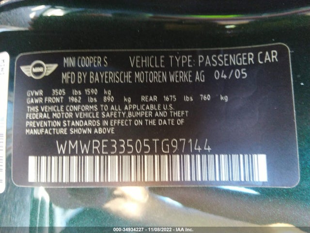 Mini COOPER HARDTOP 2005 WMWRE33505TG97144 Image 10