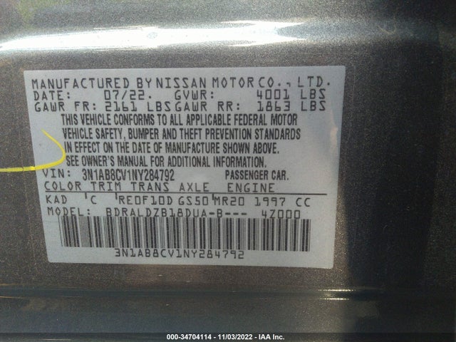 2022 NISSAN SENTRA SV VIN: 3N1AB8CV1NY284792