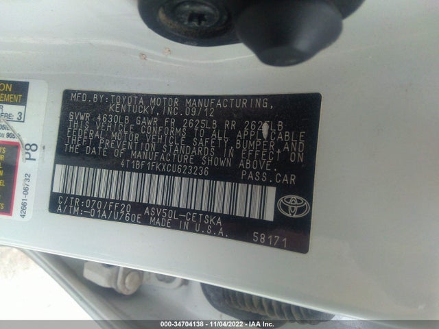 2012 TOYOTA CAMRY SE LIMITED EDITION VIN: 4T1BF1FKXCU623236