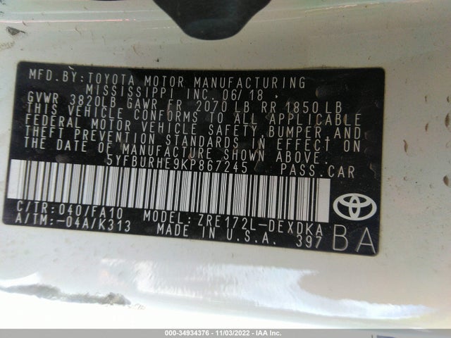 2019 Toyota Corolla, VIN: 5YFBURHE9KP867245