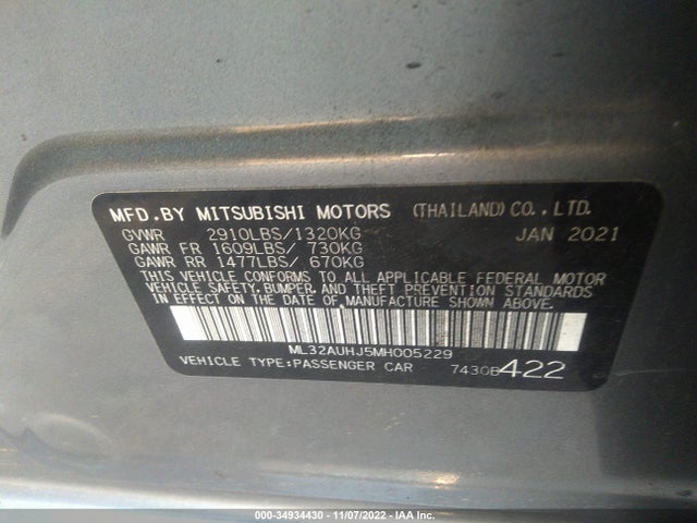 2021 Mitsubishi Mirage, VIN: ML32AUHJ5MH005229