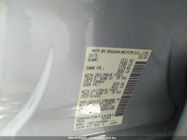 2017 Nissan Titan, VIN: 1N6AA1EJ5HN514365