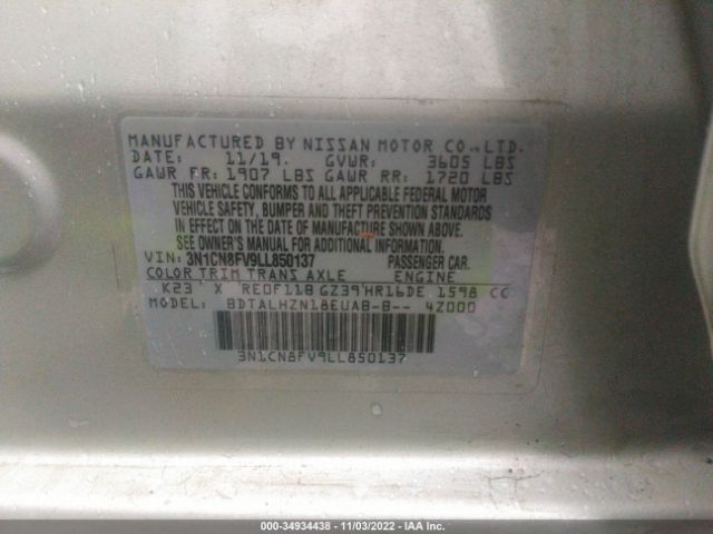 3N1CN8FV9LL850137 Nissan VERSA SR