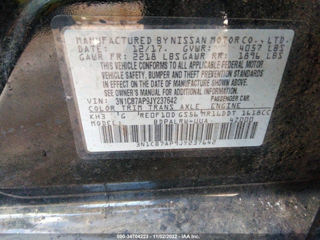 2018 NISSAN SENTRA SR TURBO VIN: 3N1CB7AP9JY237642
