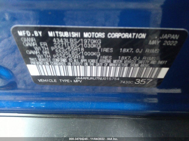 2022 Mitsubishi Outlander, VIN: JA4ARUAU7NU015754