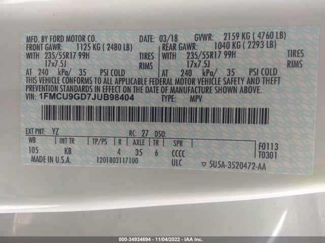 2018 FORD ESCAPE SE VIN: 1FMCU9GD7JUB98404