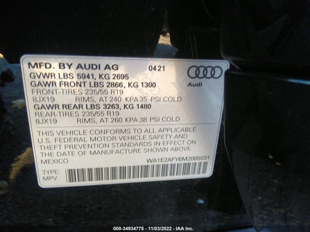 2021 Audi Q5, VIN: WA1E2AFY6M2085031