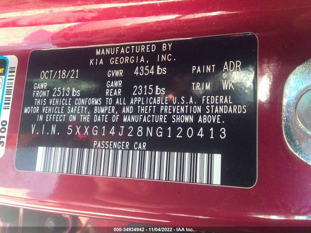 2022 Kia K5, VIN: 5XXG14J28NG120413