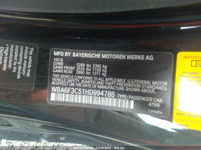 2017 BMW 6 Series, VIN: WBA6F3C51HD994788
