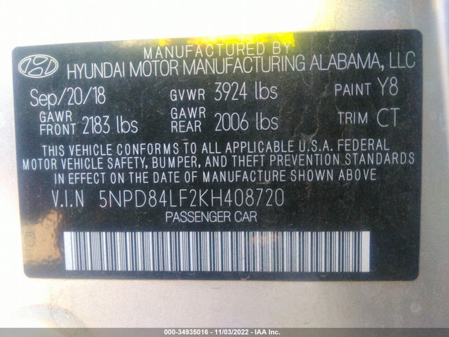 2019 Hyundai Elantra, VIN: 5NPD84LF2KH408720