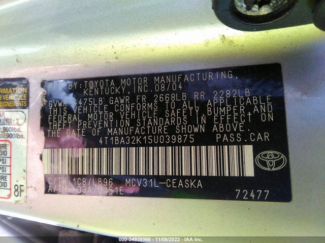 2005 TOYOTA CAMRY SE VIN: 4T1BA32K15U039875