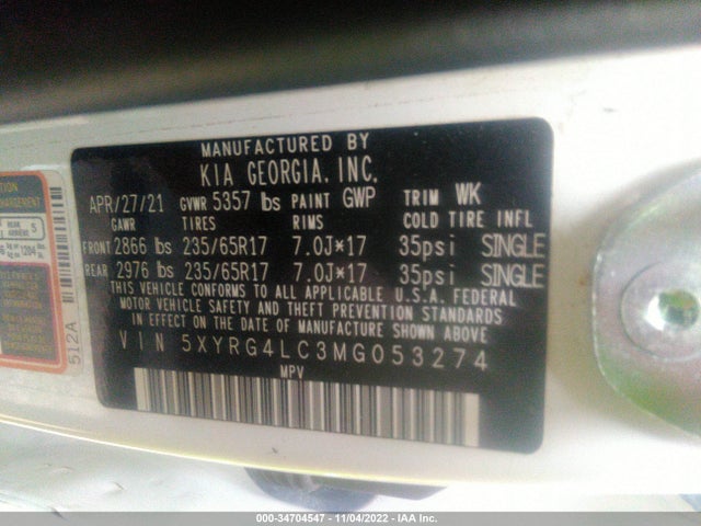 2021 Kia Sorento, VIN: 5XYRG4LC3MG053274