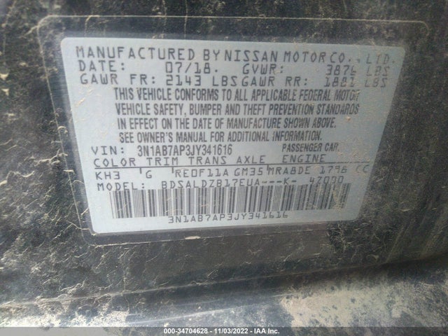 2018 NISSAN SENTRA SV VIN: 3N1AB7AP3JY341616