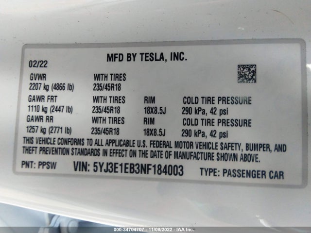 Tesla MODEL 3 2022 5YJ3E1EB3NF184003 Image 8