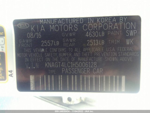 KNAGT4LC1H5006128 KIA Optima Hybrid Base