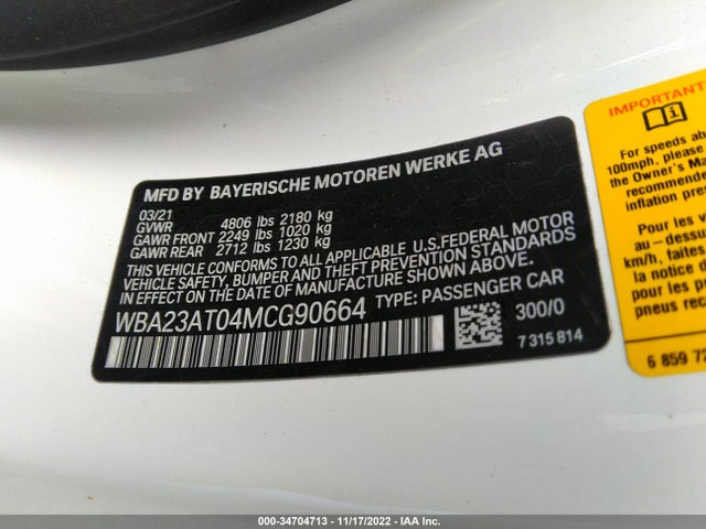 2021 BMW 4 Series, VIN: WBA23AT04MCG90664