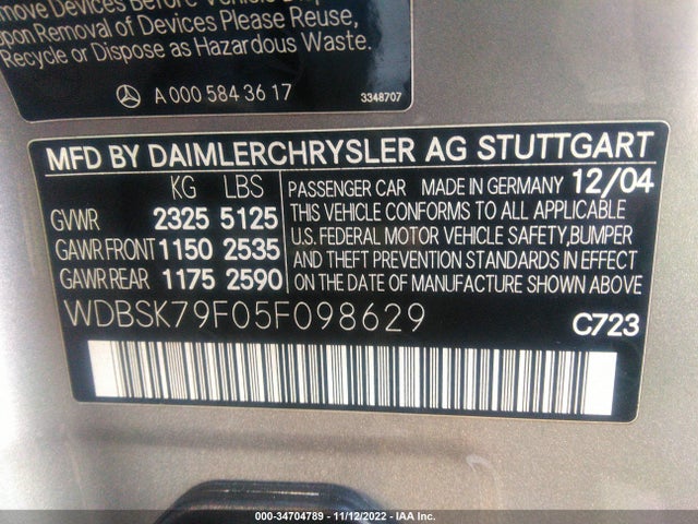 2005 MERCEDES-BENZ SL-CLASS 6.0L AMG VIN: WDBSK79F05F098629