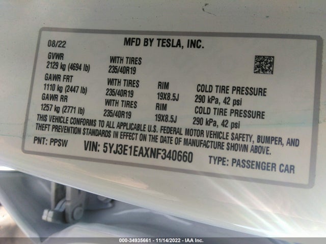Tesla MODEL 3 2022 5YJ3E1EAXNF340660 Image 9