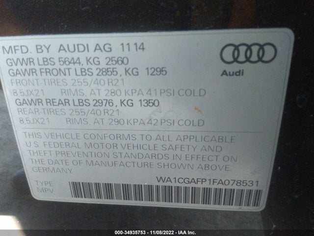 2015 Audi SQ5, VIN: WA1CGAFP1FA078531
