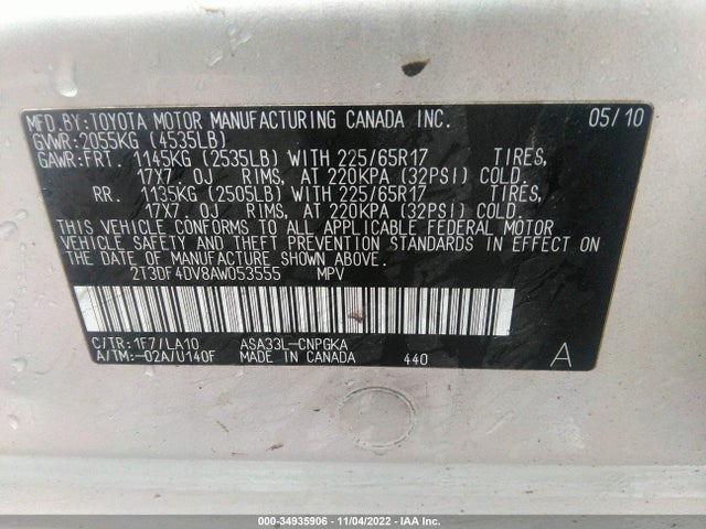 2010 TOYOTA RAV4 LTD VIN: 2T3DF4DV8AW053555