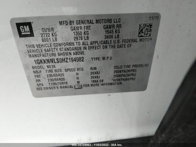 1GKKNNLS0HZ194982 GMC ACADIA SLT